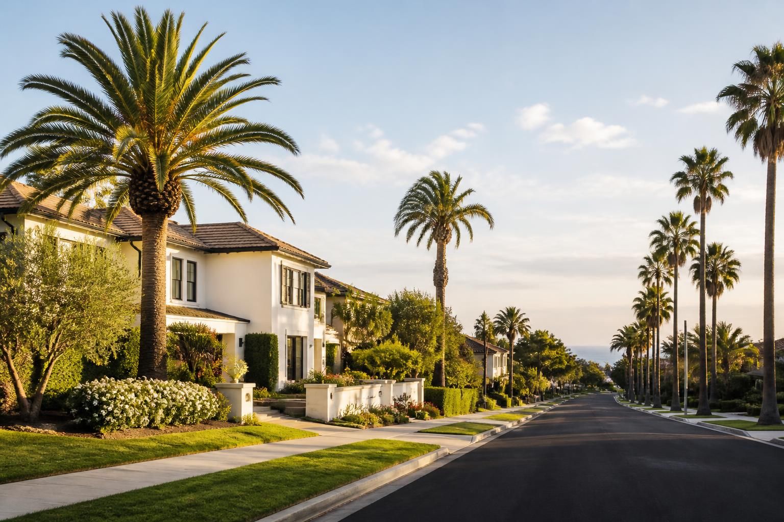 Palm-lined Southern California neighborhood street with upscale homes