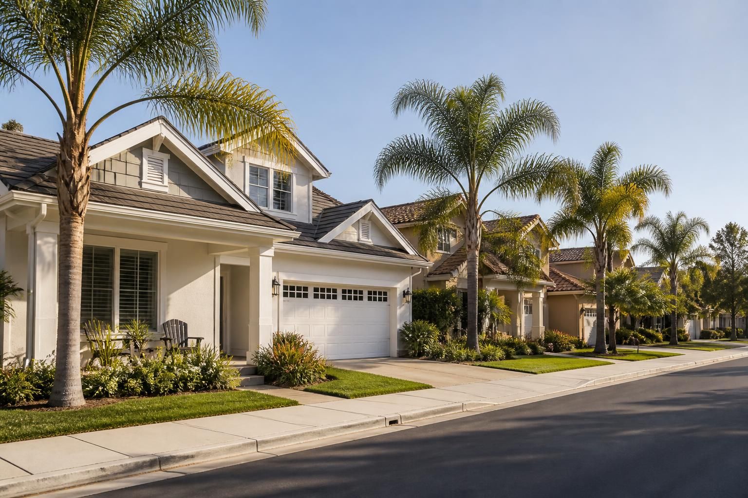 Residential street with palm trees and comfortable family homes