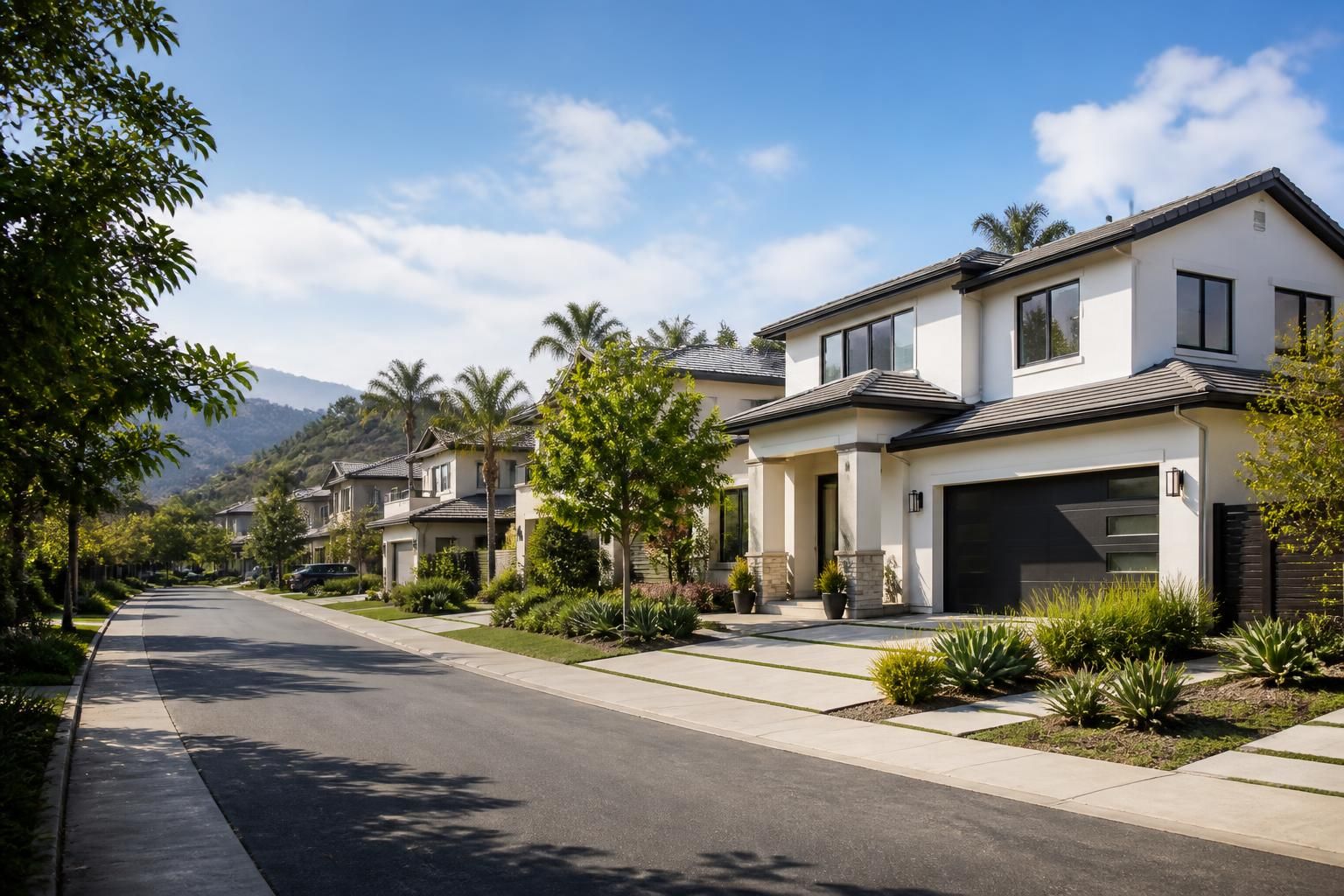 Modern Southern California neighborhood with homes, greenery, and open skies