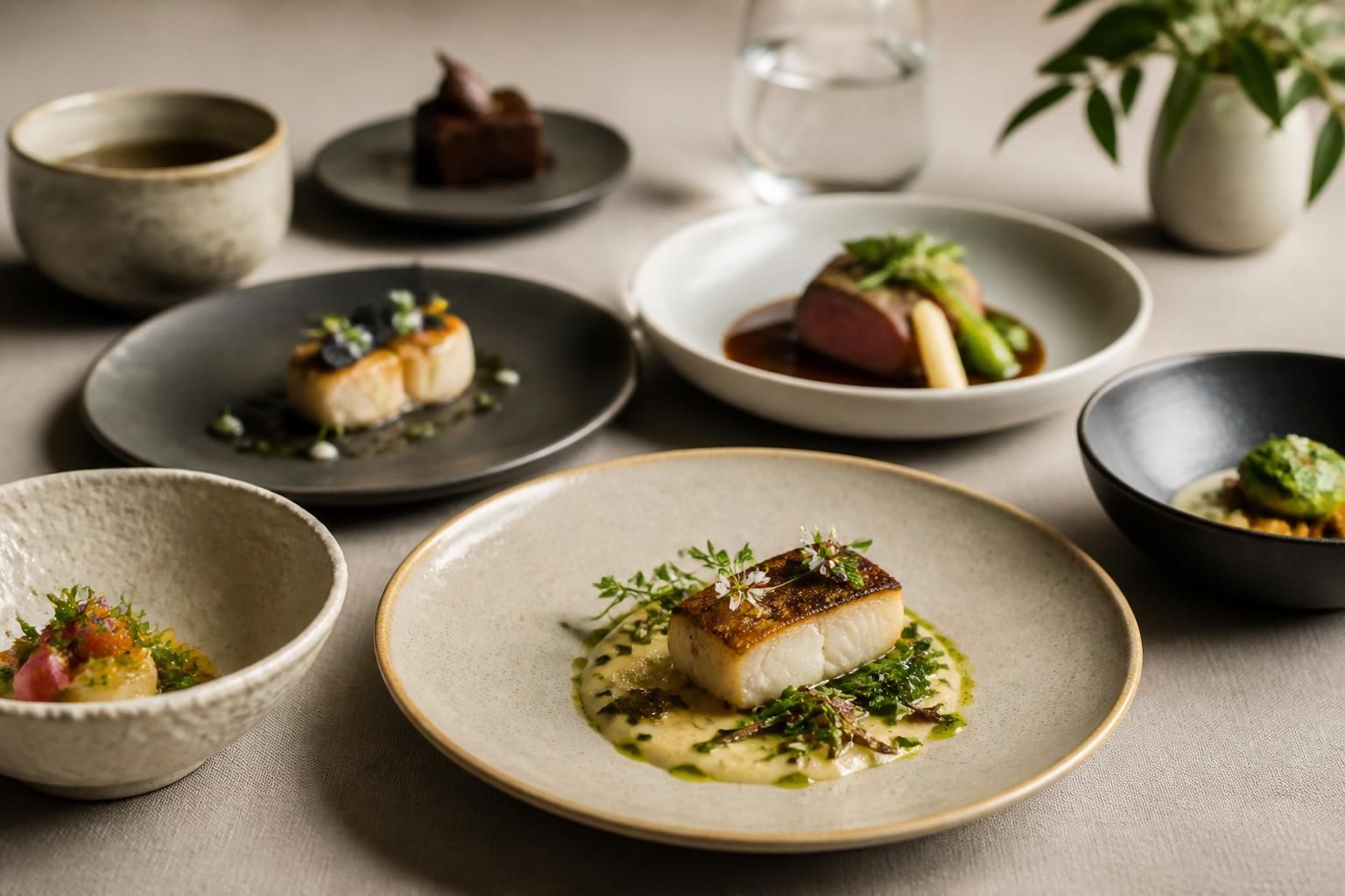 Artfully arranged gourmet dishes representing a custom tasting menu