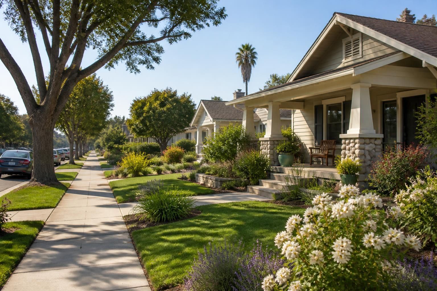 Classic California neighborhood street with greenery and suburban homes