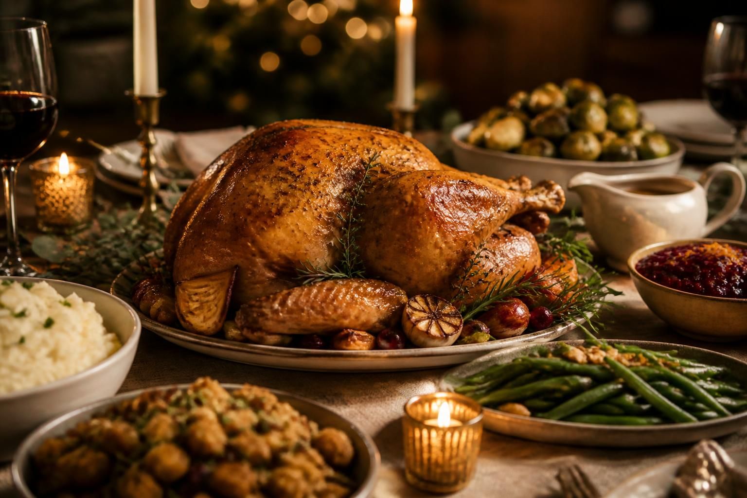 Holiday dinner table with chef-prepared dishes, candlelight, and seasonal styling