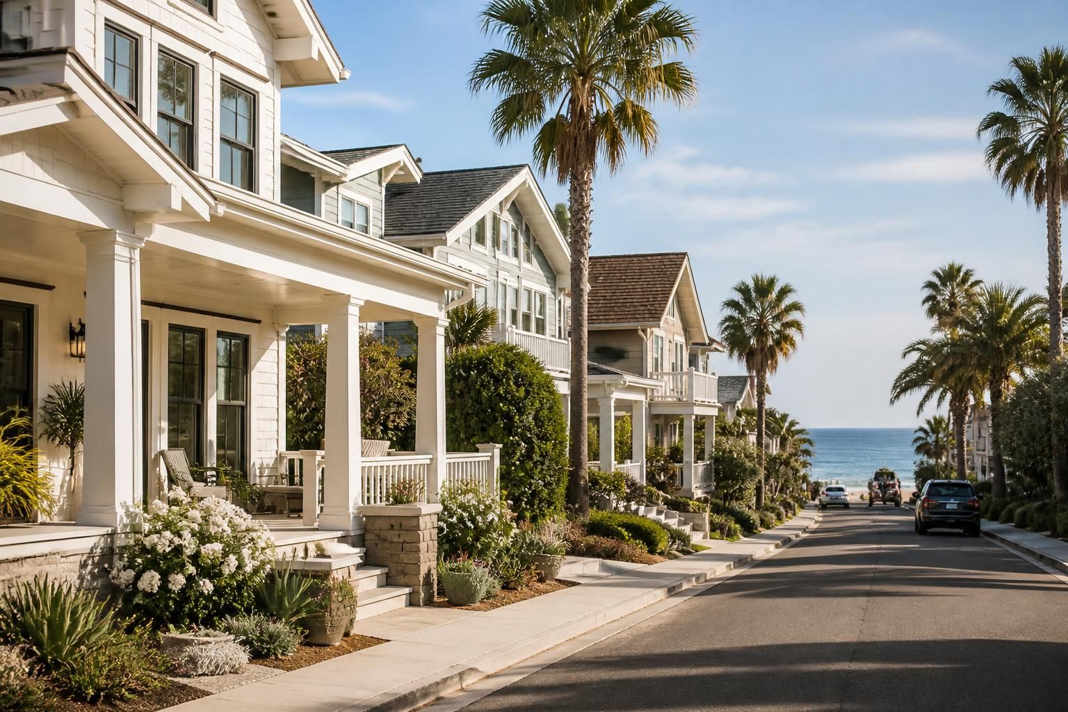 Sunlit coastal neighborhood with palm trees and a relaxed beach-town feel