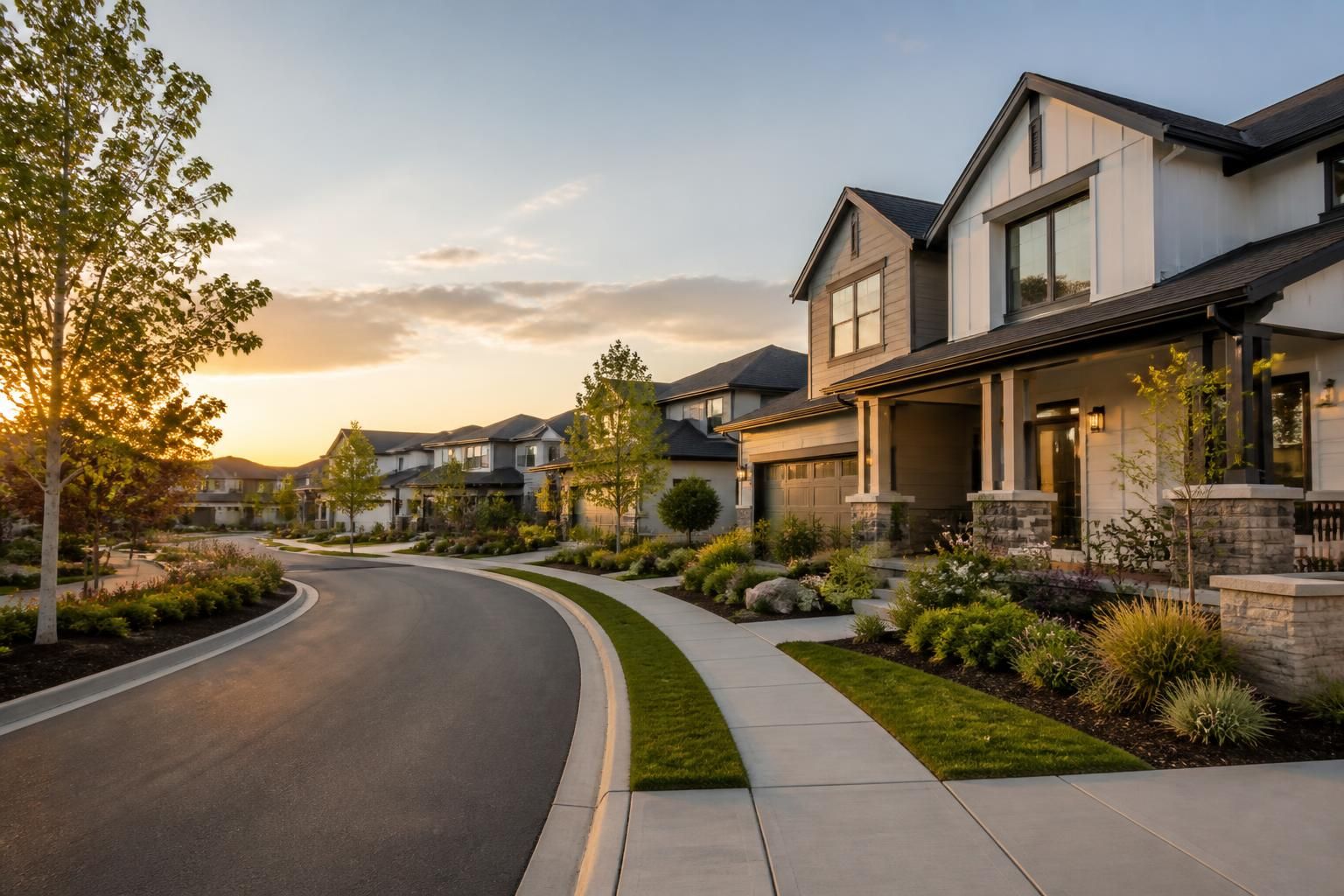 Modern master-planned neighborhood with manicured landscaping and clean streets