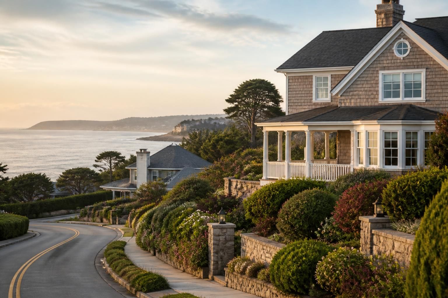Coastal hillside neighborhood with elegant homes and landscaped greenery