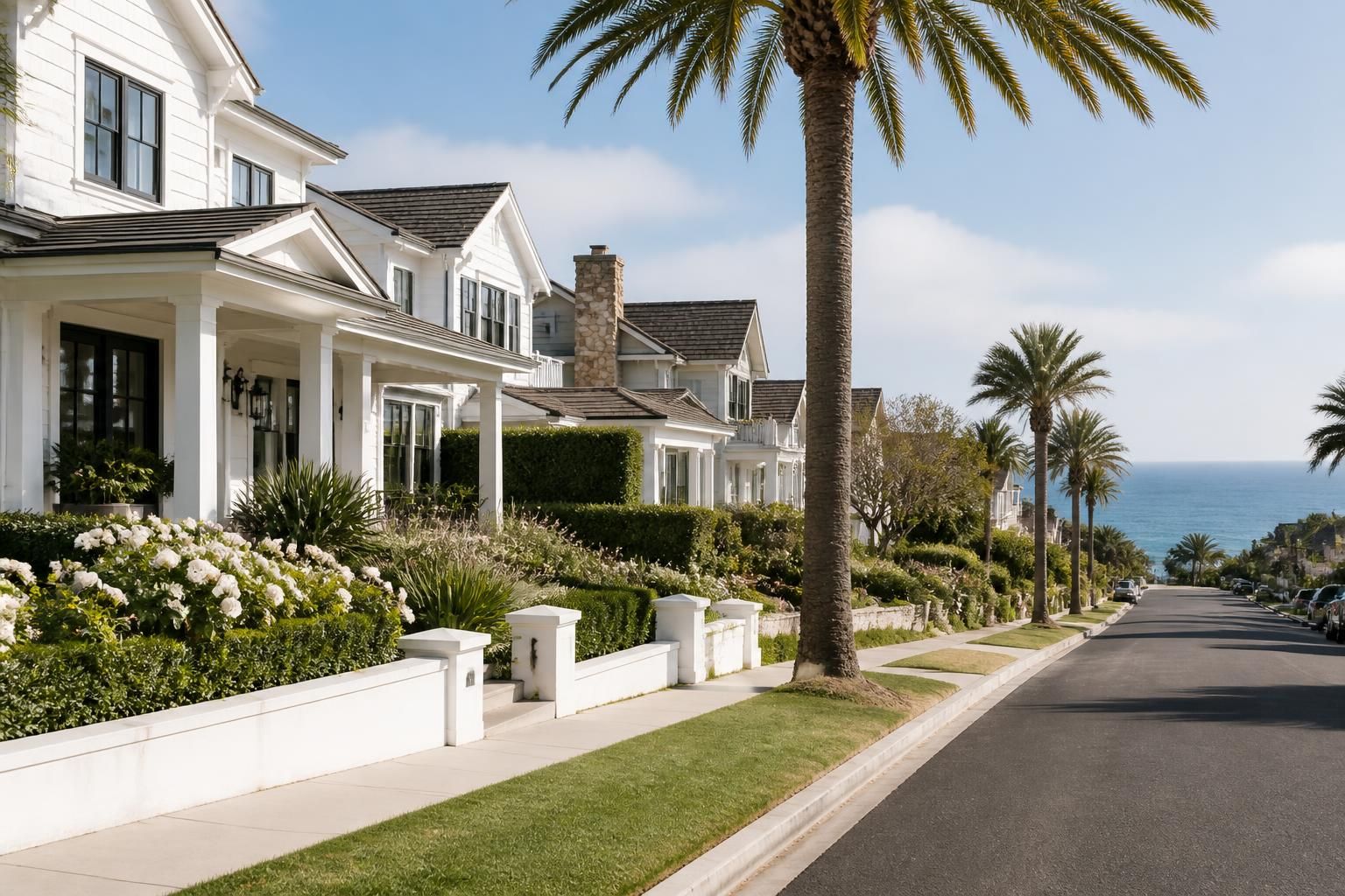 Elegant coastal neighborhood with palm trees near the ocean