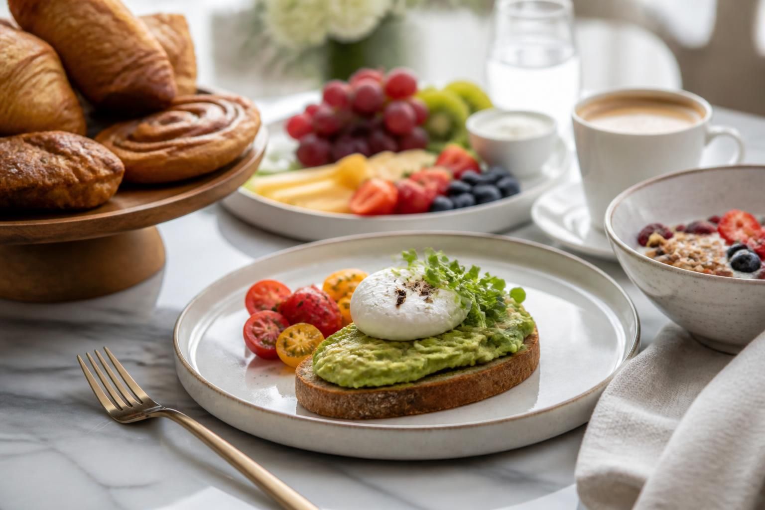 Elegant brunch spread with fresh fruit, pastries, and plated breakfast dishes