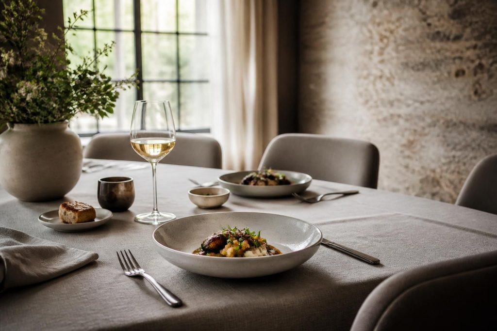 Elegant private dining table with chef-prepared plated dishes and soft natural light