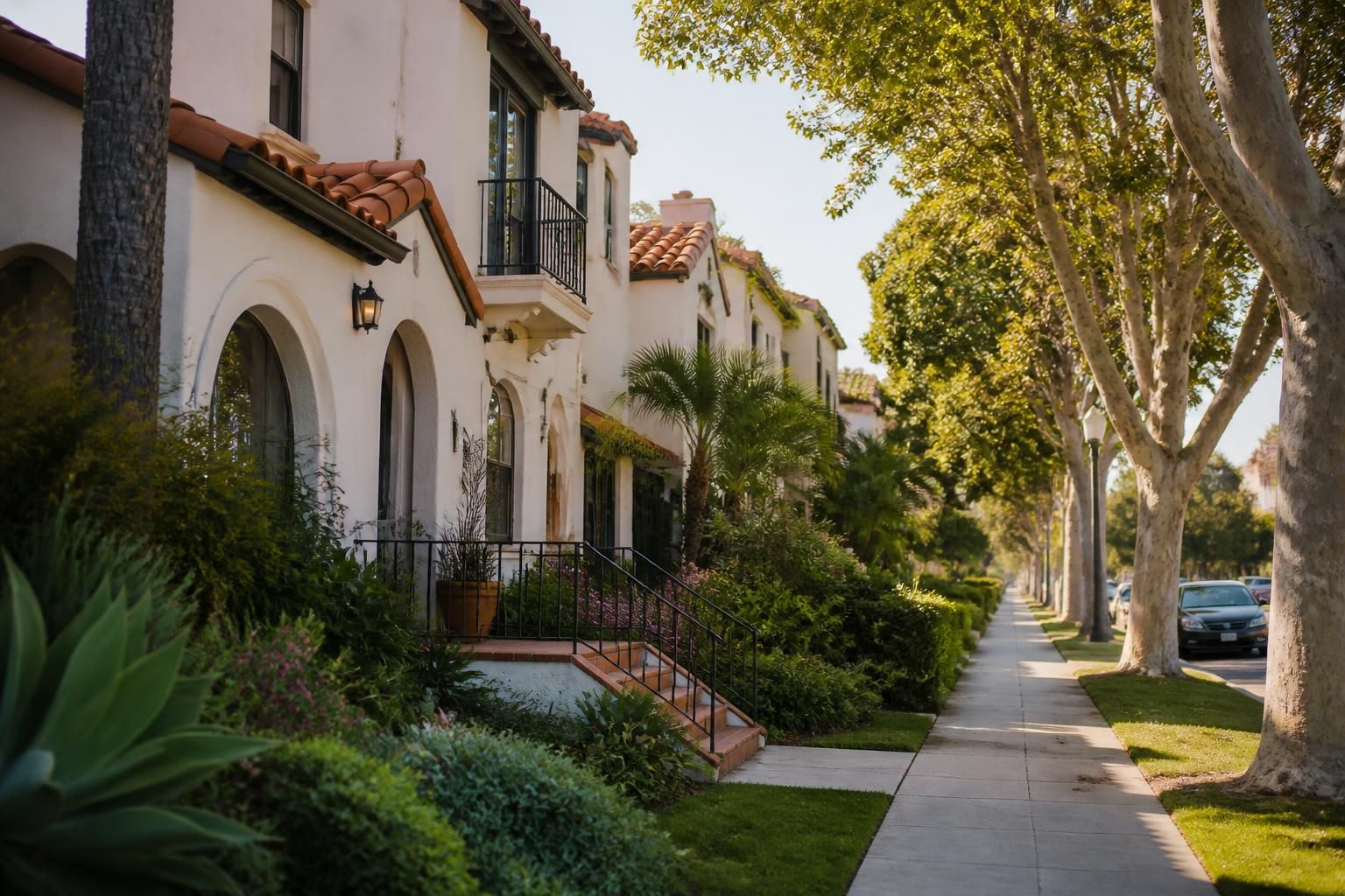 Tree-lined Southern California neighborhood with historic architecture