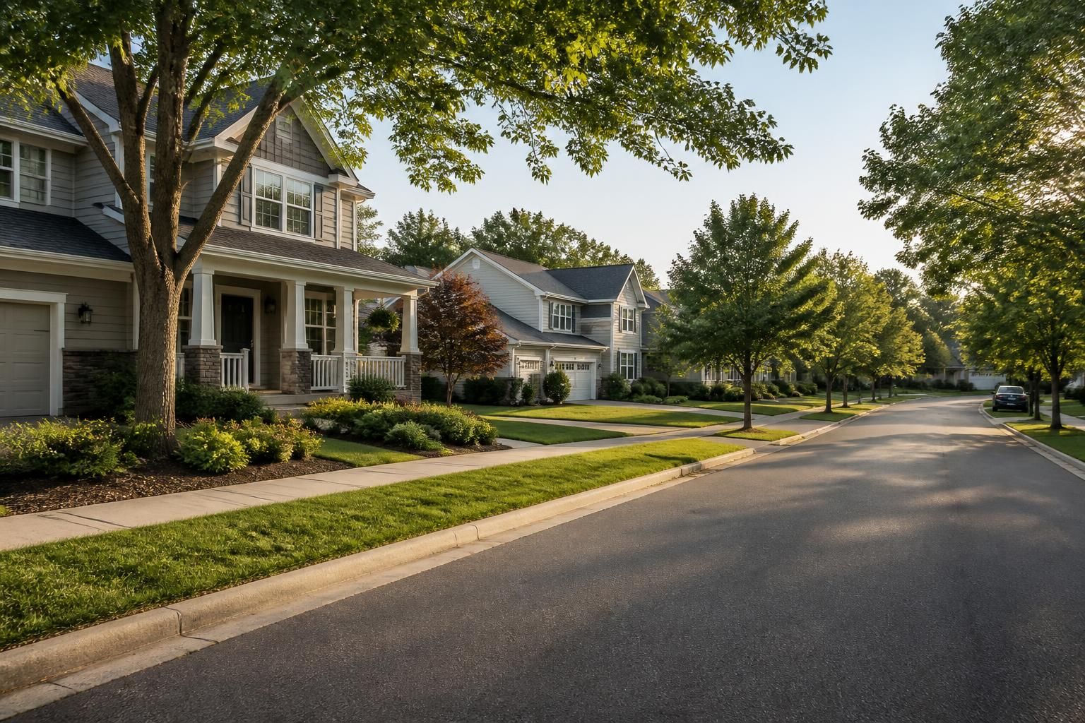 Well-kept suburban homes on a calm tree-lined street