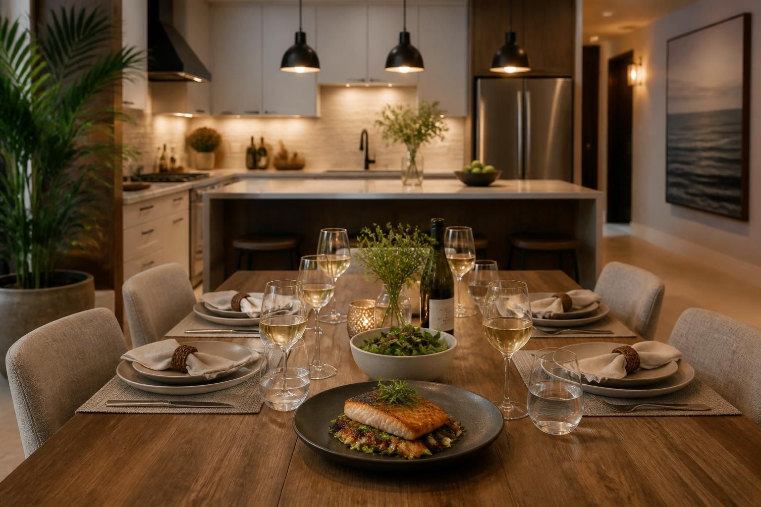 Modern vacation rental kitchen and dining area set for a private chef dinner