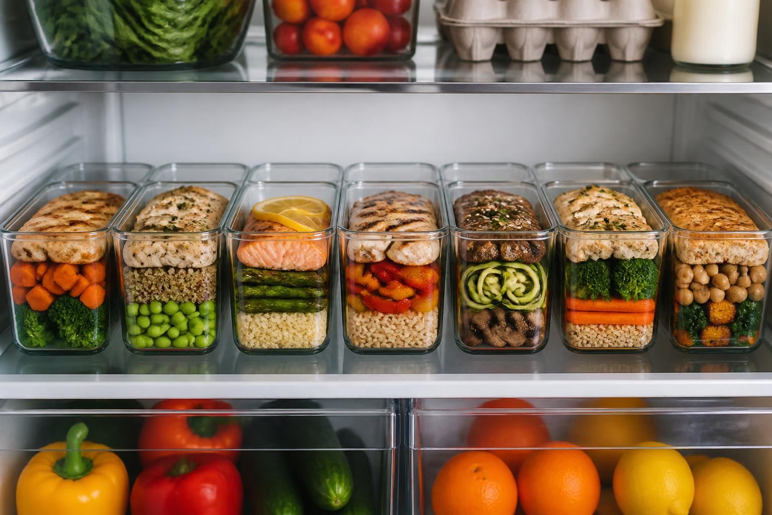 A week of balanced prepared meals arranged neatly in a clean refrigerator